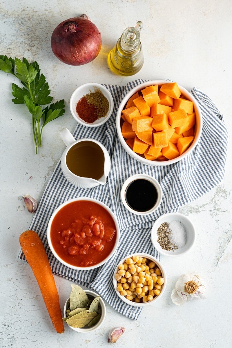Ingredients for a vegan stew recipe made with chickpeas