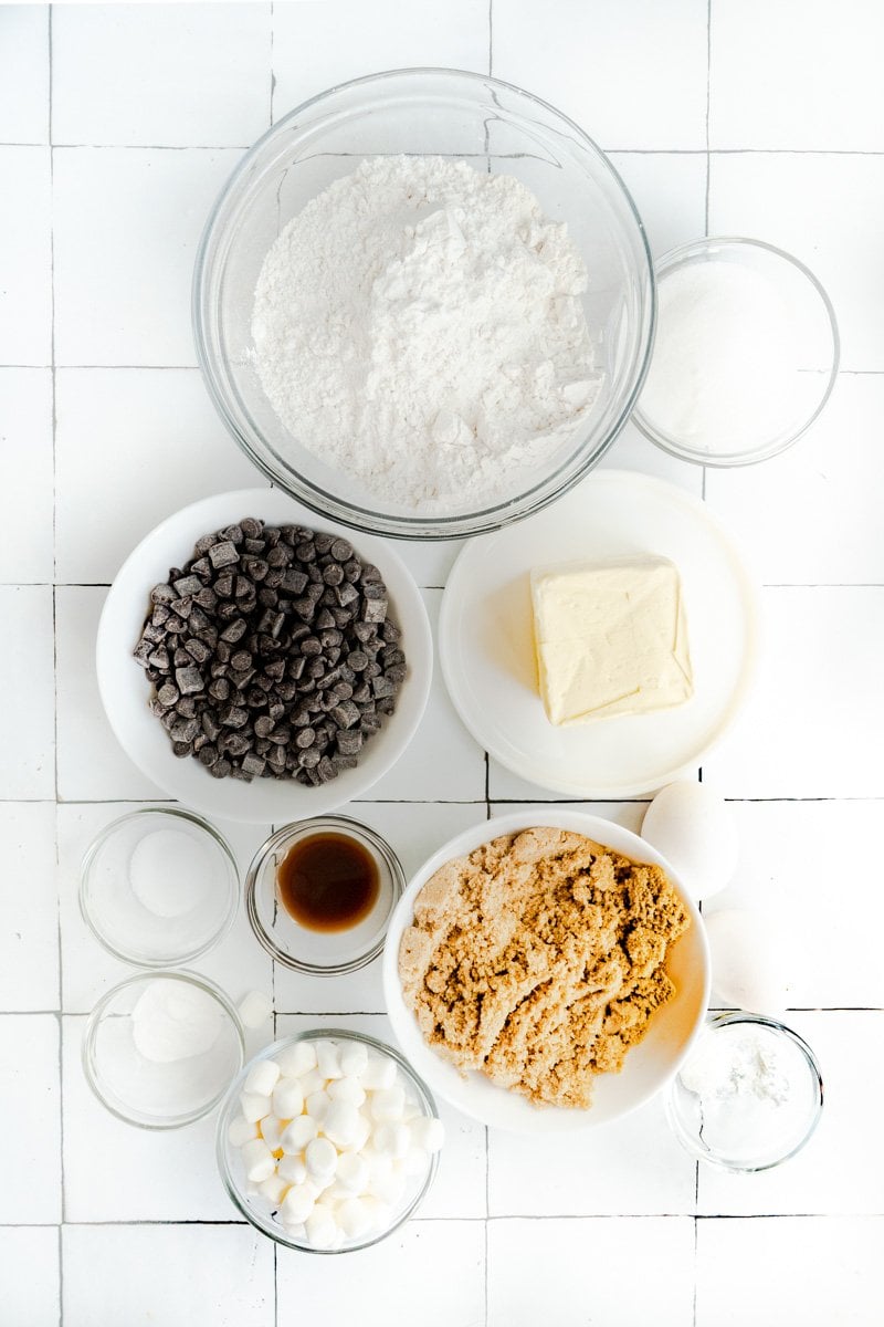 Ingredients for a chocolate chip marshmallow cookie recipe.
