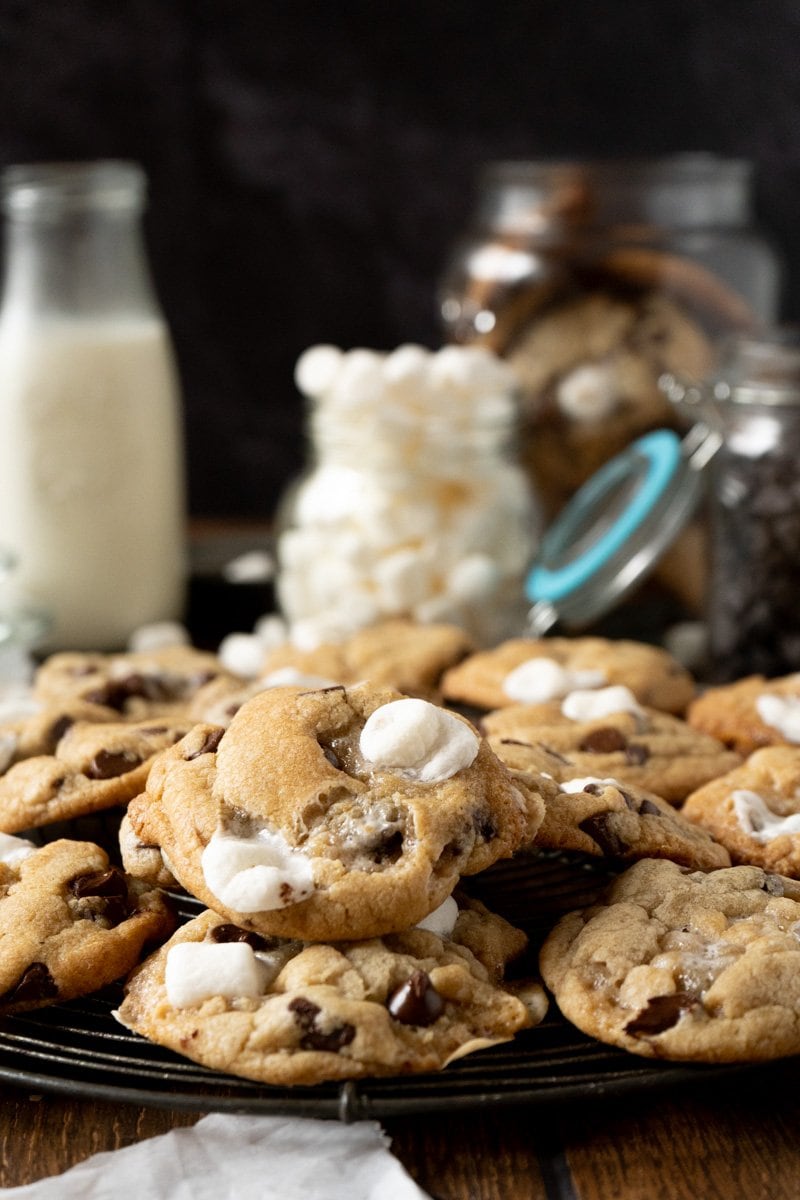 A pile of chocolate chip marshmallow cookies.
