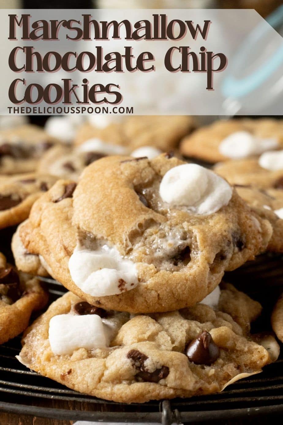 Pinterest pin for a chocolate chip marshmallow cookie recipe.