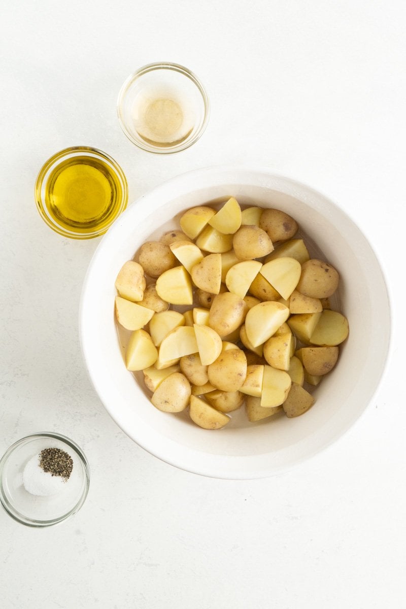 A bowl of new potatoes cubed