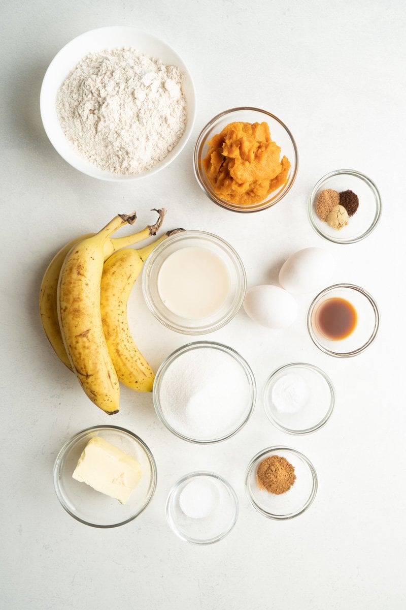 Ingredients for whole wheat pumpkin muffins made with bananas