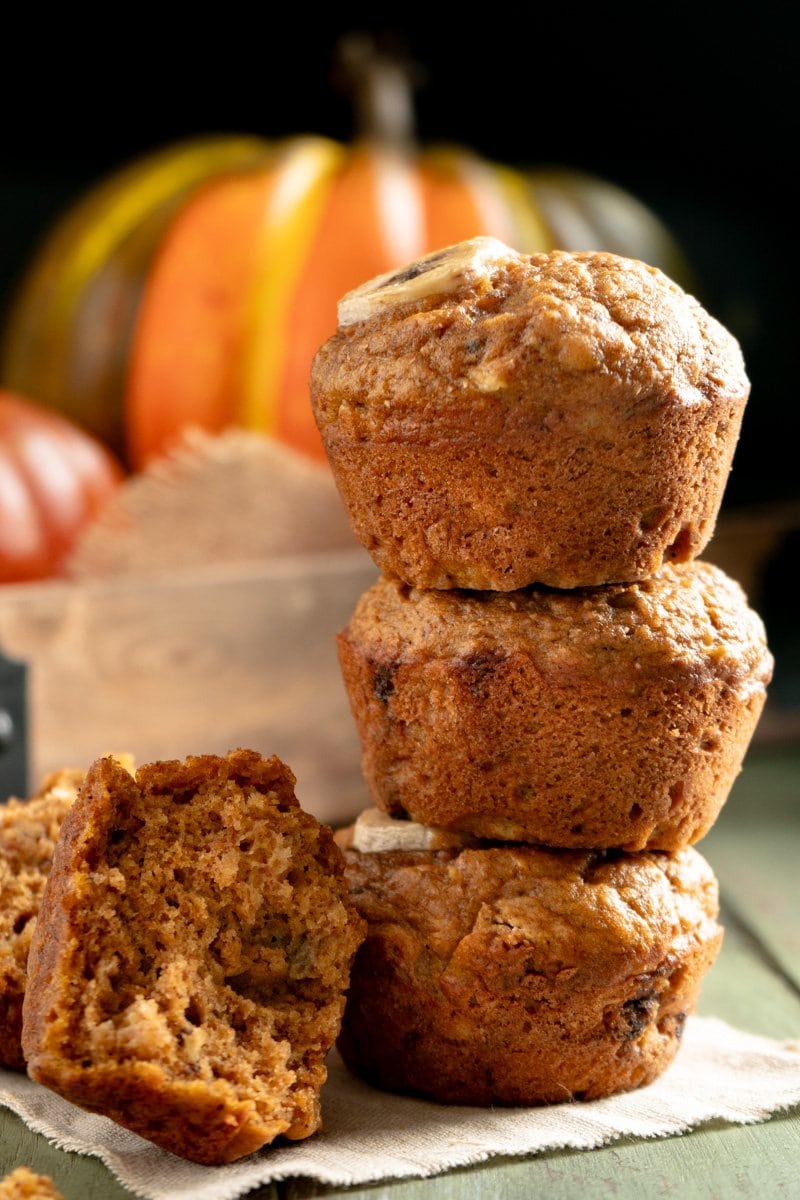 A tower or easy banana pumpkin muffins.