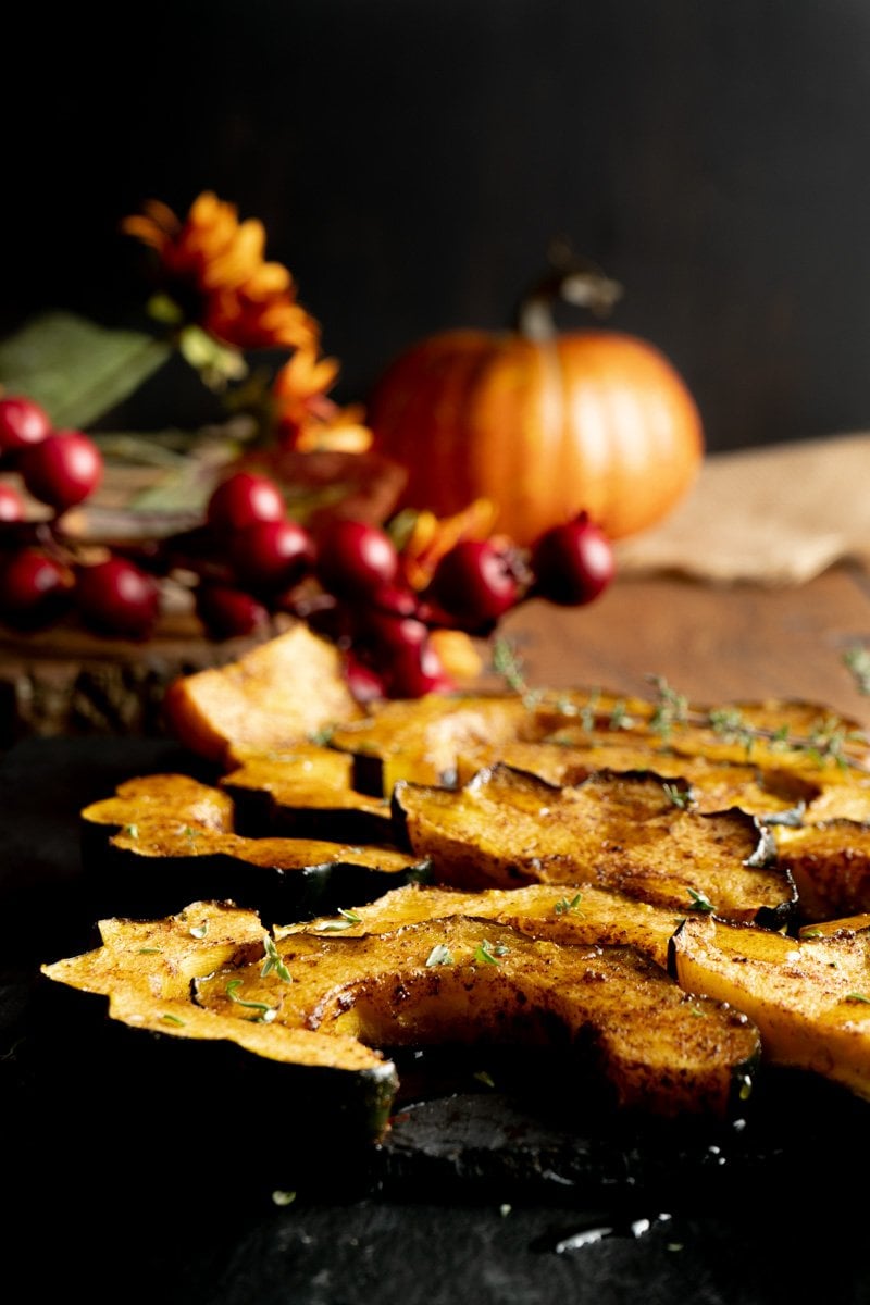 fried-squash done in an air-fryer on a thanksgiving table setting.