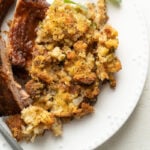 A plate showing some gluten-free cornbread dressing