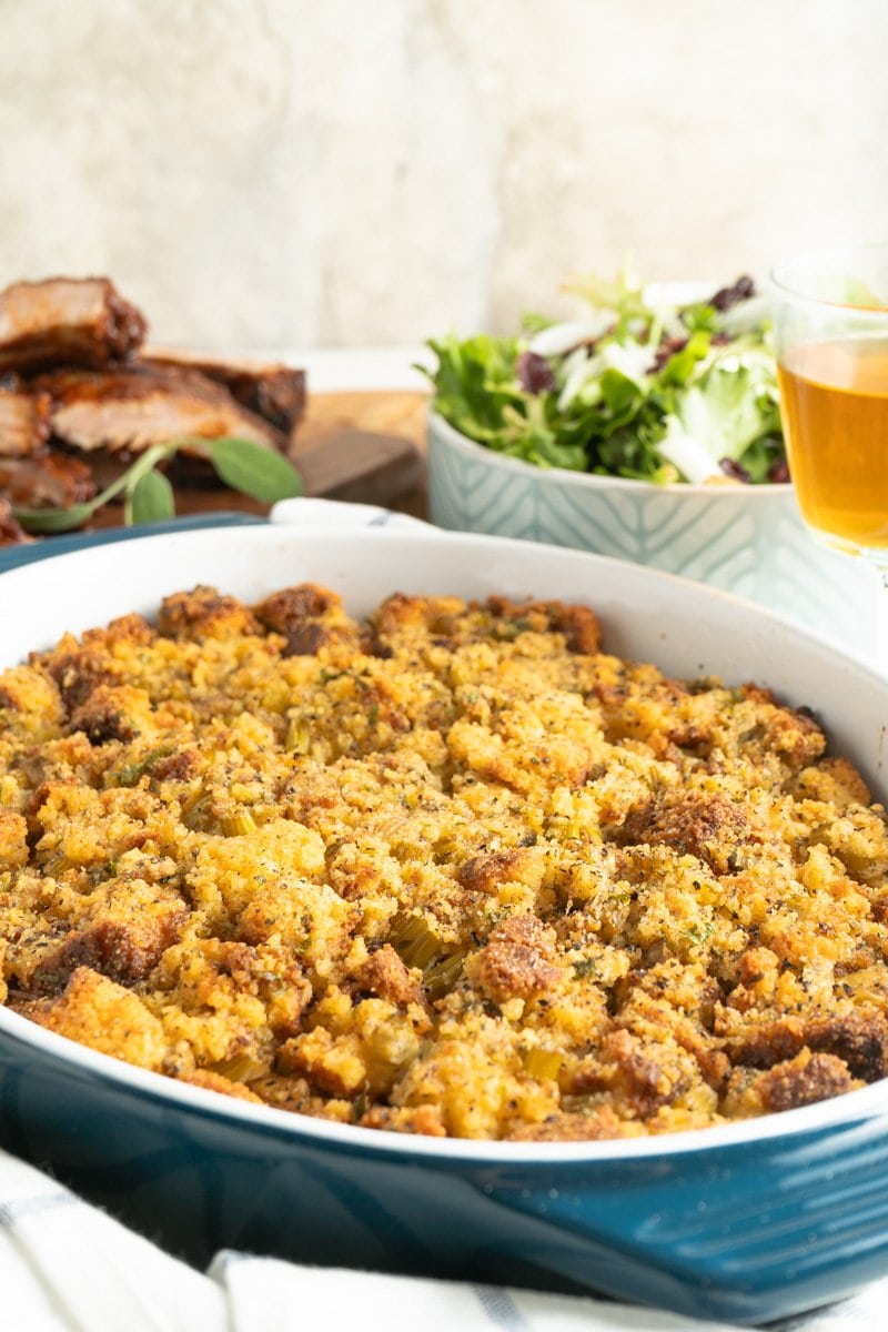 Gluten Free Cornbread Dressing Recipe on a table.