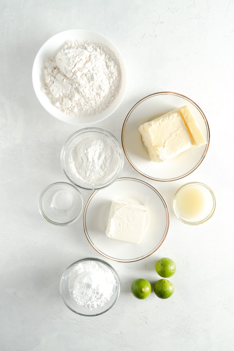 Ingredients for meltaway cookies made with lime and cream cheese