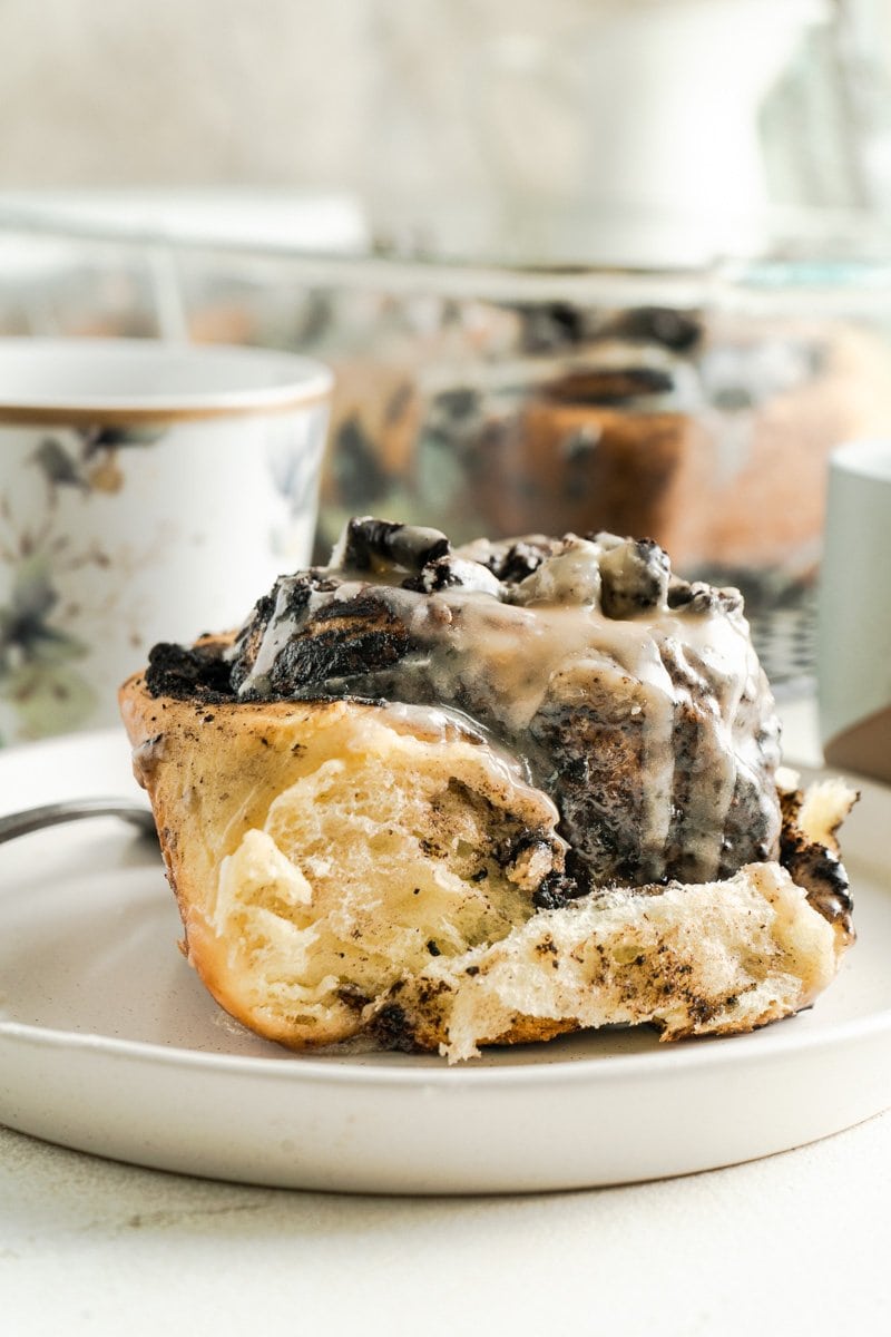 A Cookies and Cream Cinnamon bun close up.