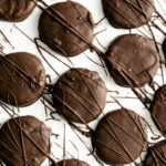Gluten-free thin mints on a line baking sheet close up