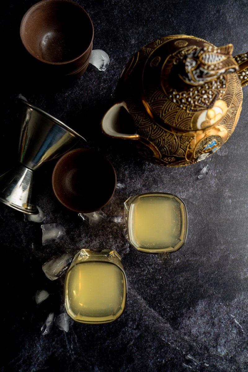 Overhead picture of green tea Jamieson shots