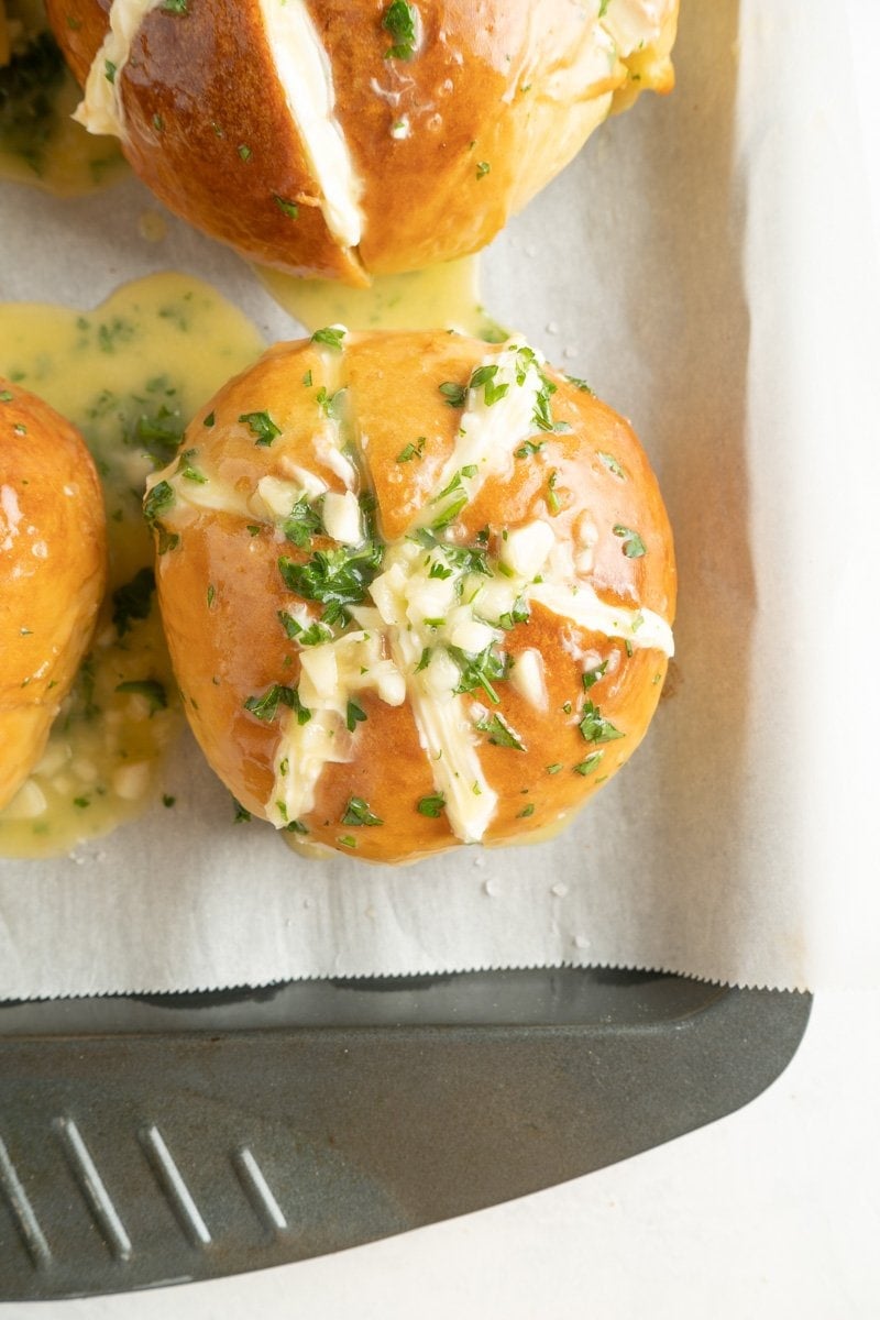 A Korean Garlic Cheese Bread on a baking sheet.
