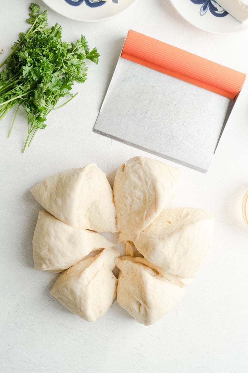 Bread dough cut into 6 pieces