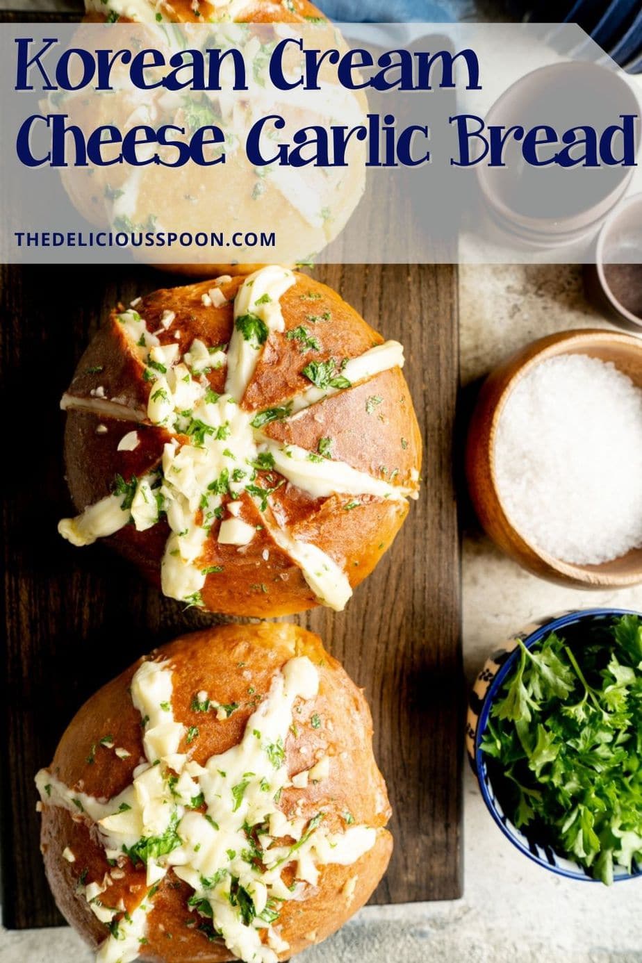 Pinterest pin for a Korean Cream Cheese Garlic Bread Recipe.