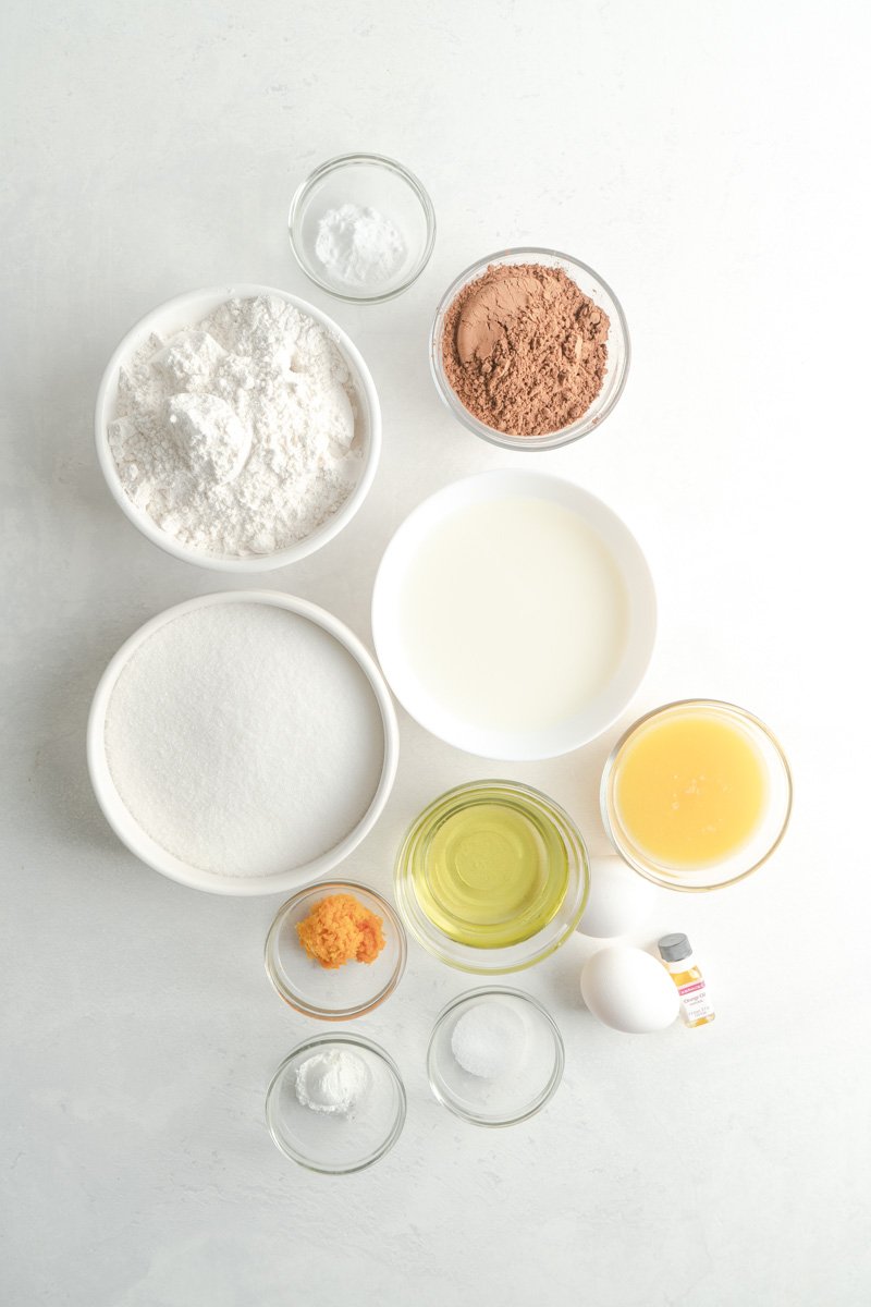 Ingredients for an orange chocolate cake