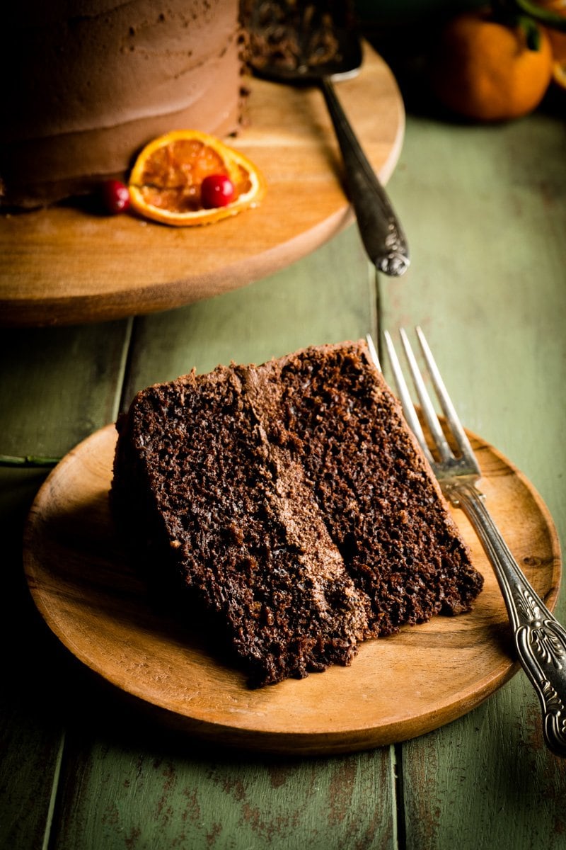 A slice of a chocolate and orange cake.