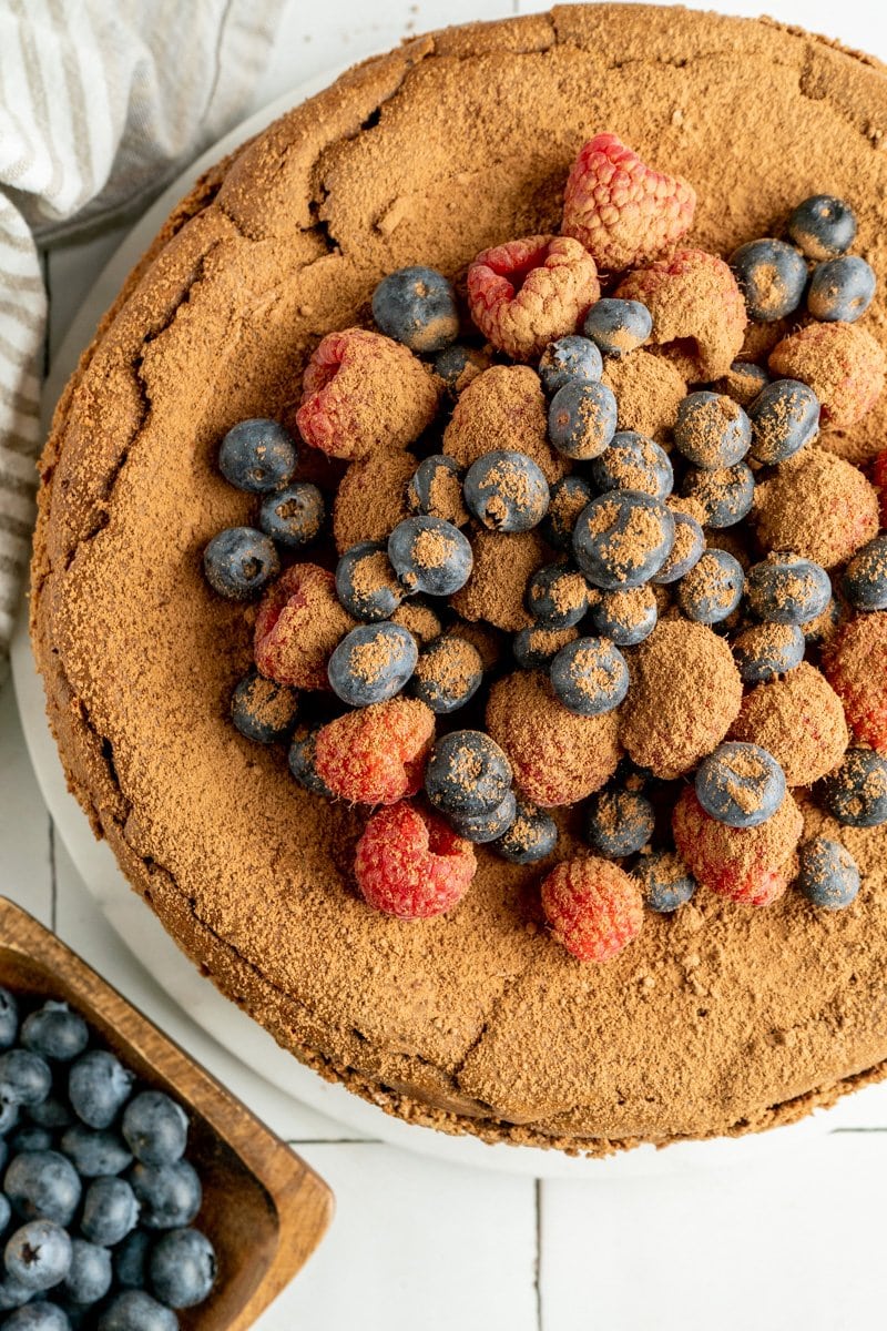 An overhead of a chocolate mascarpone cheesecake recipe.