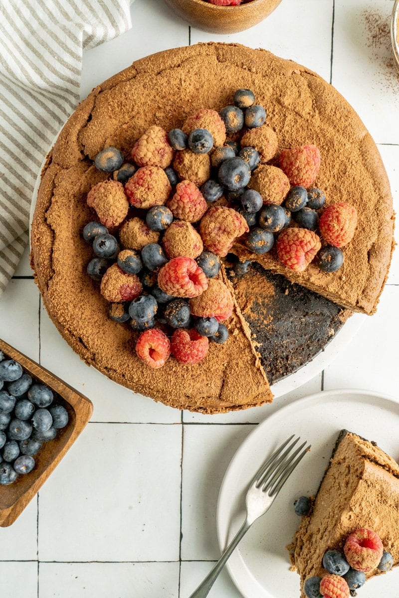 An overhead shot of a Chocolate sicilian cheesecake.