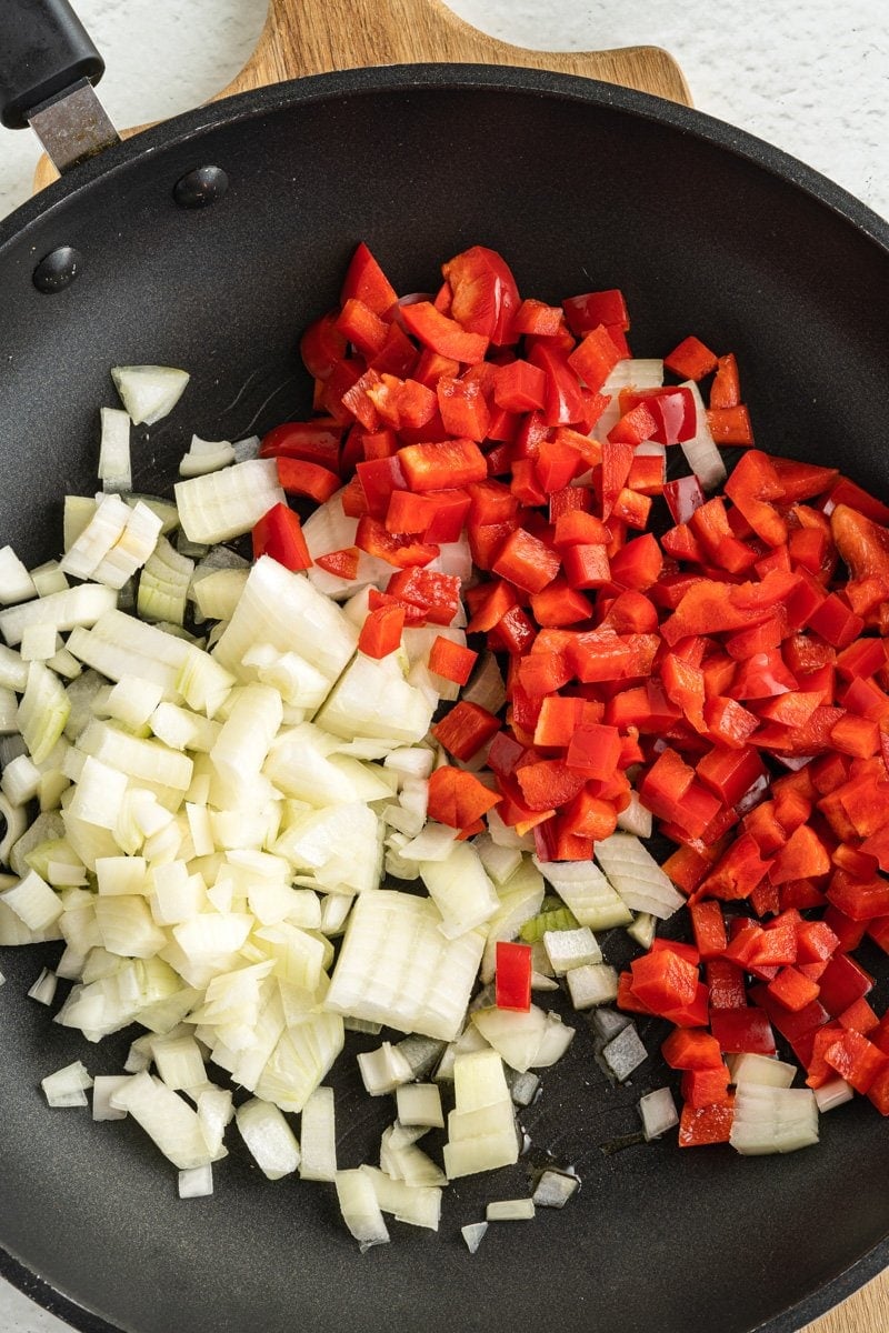 Red pepper and onion in a pan