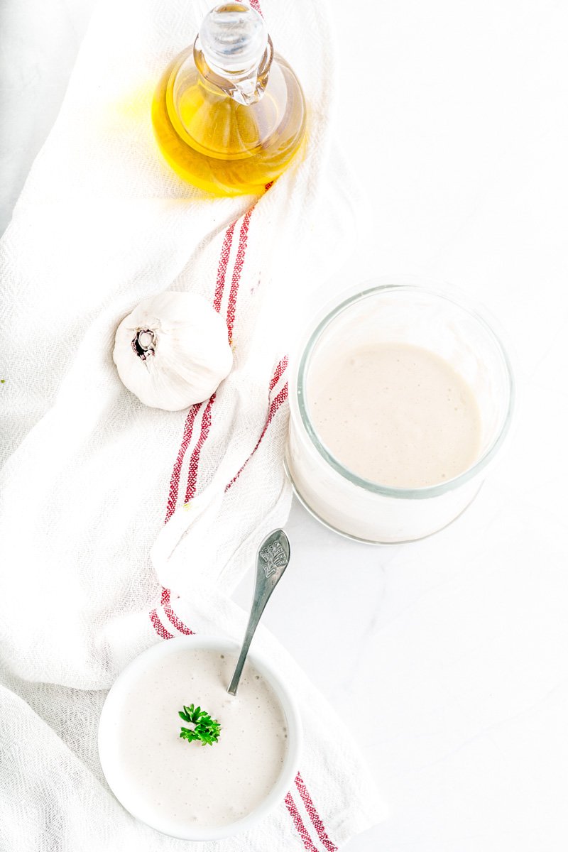 Egg free mayo on a table with the ingredients.