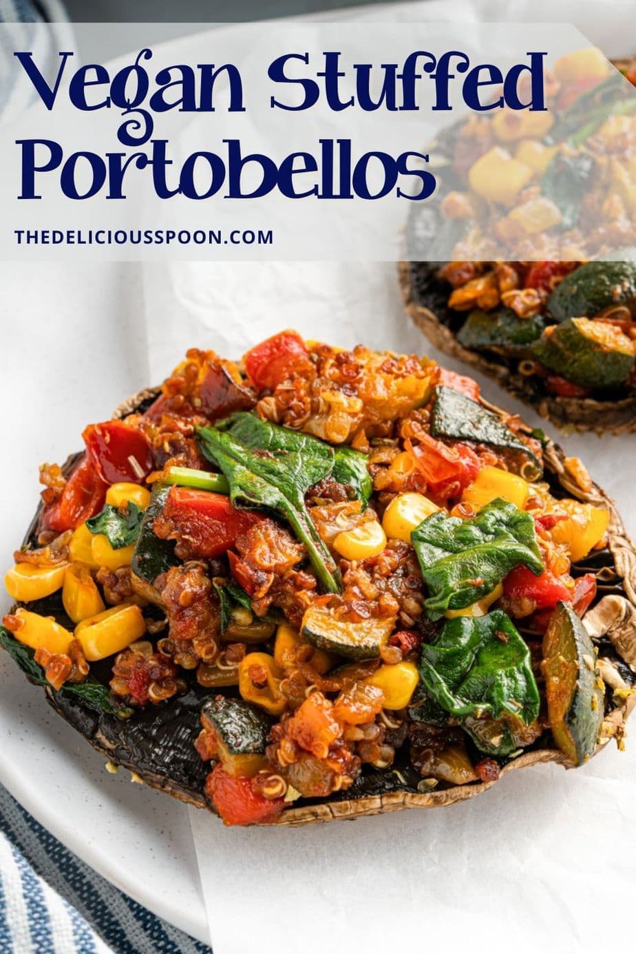 A Pinterest pin showing a recipe for stuffed vegan mushrooms