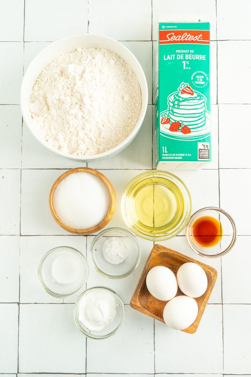 Ingredients for fluffy buttermilk pancakes.