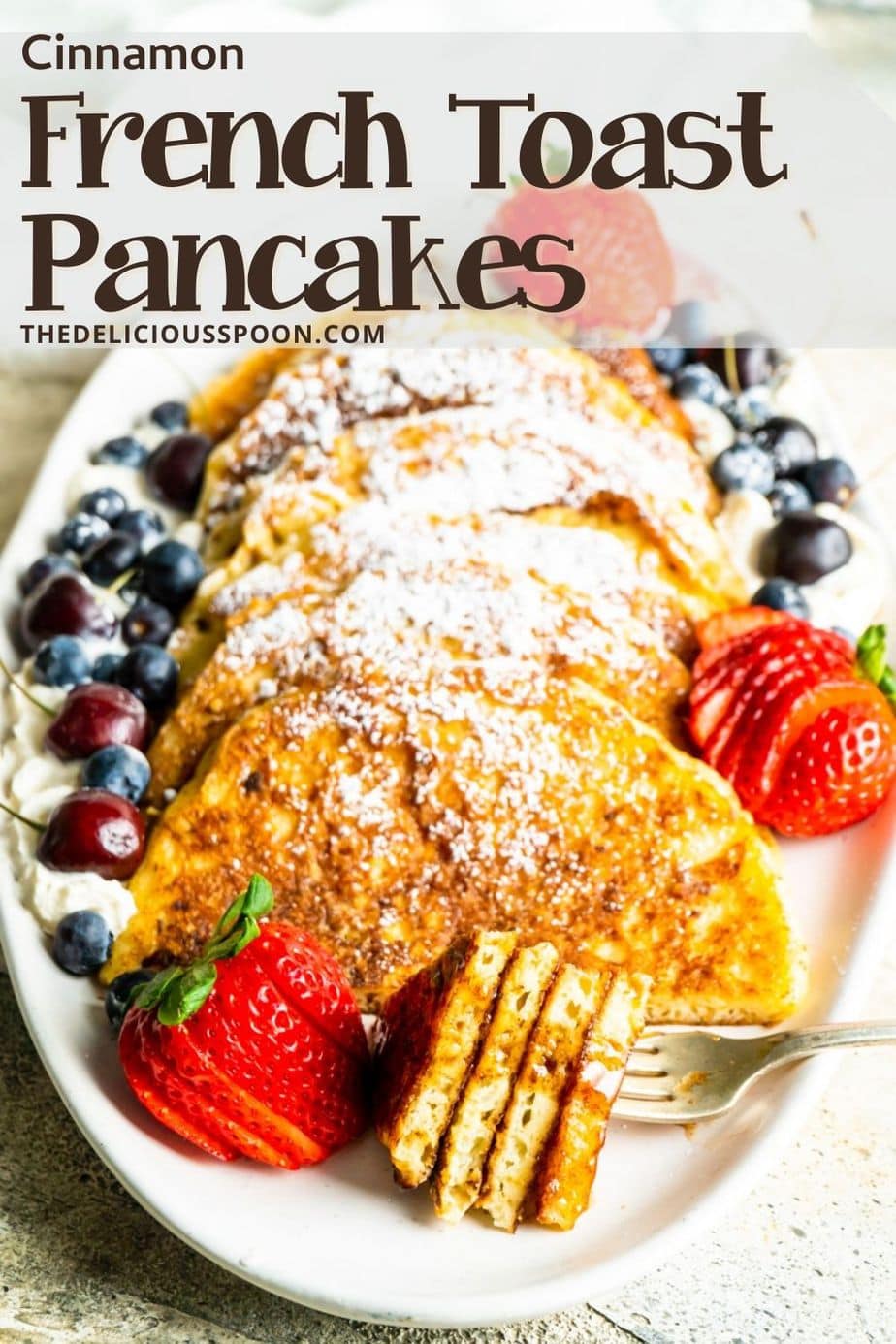 Pinterest pin showing cinnamon french toast pancakes with fruit.