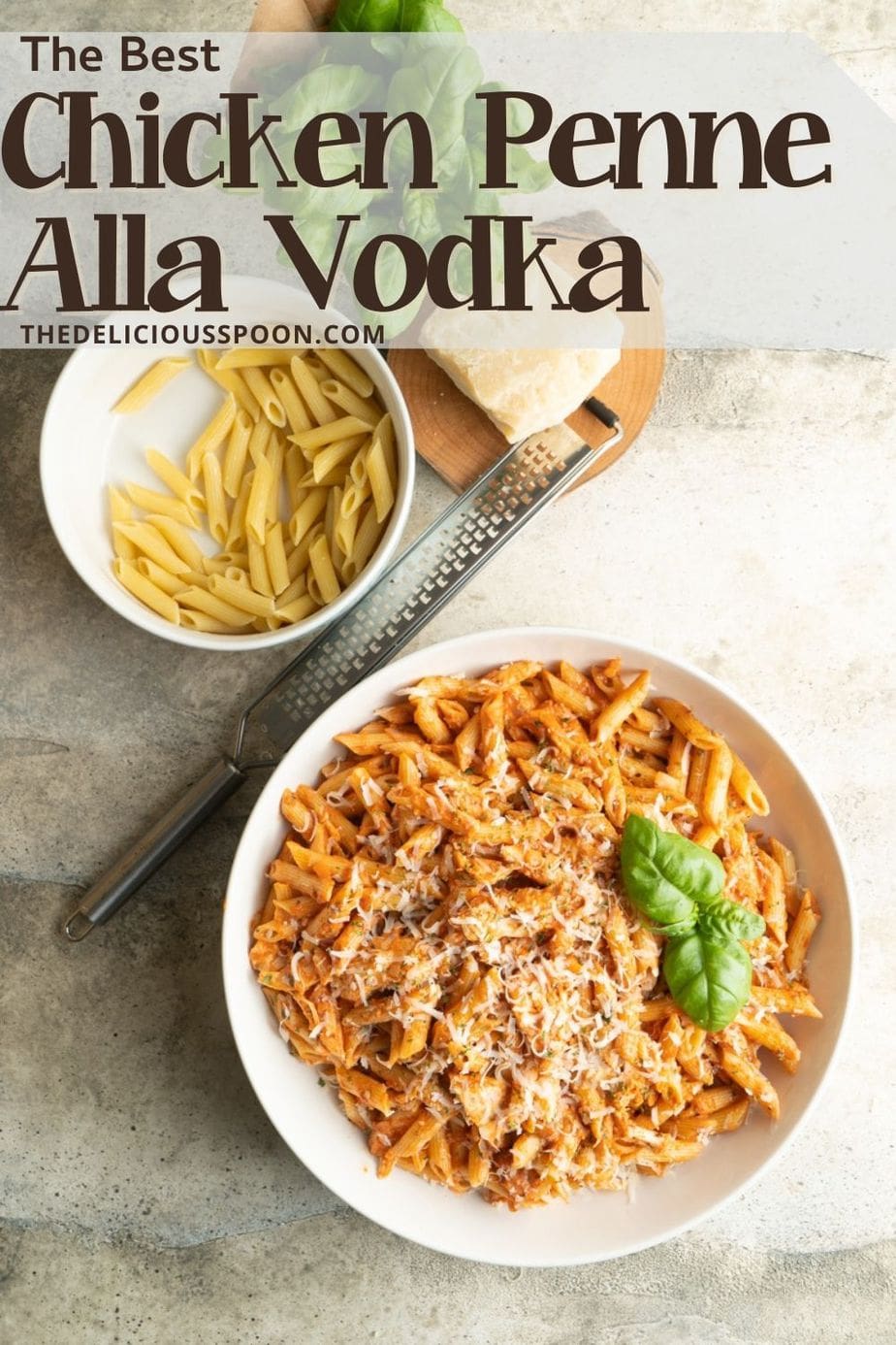 Pinterest pin showing a table and a bowl of simple penne vodka with chicken.