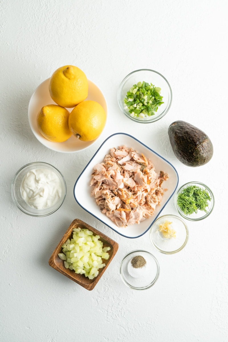 Ingredients for a salmon salad with avocado