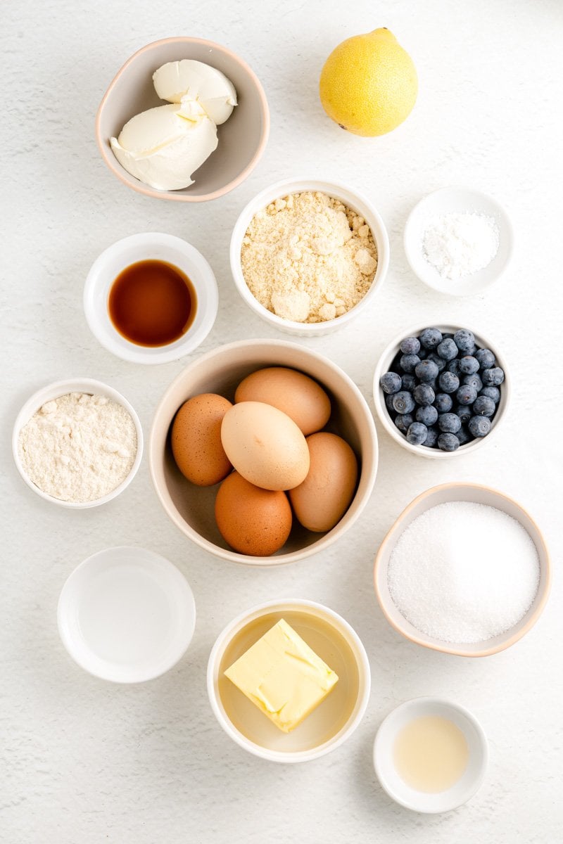 Ingredients for a lemon blueberry keto cake