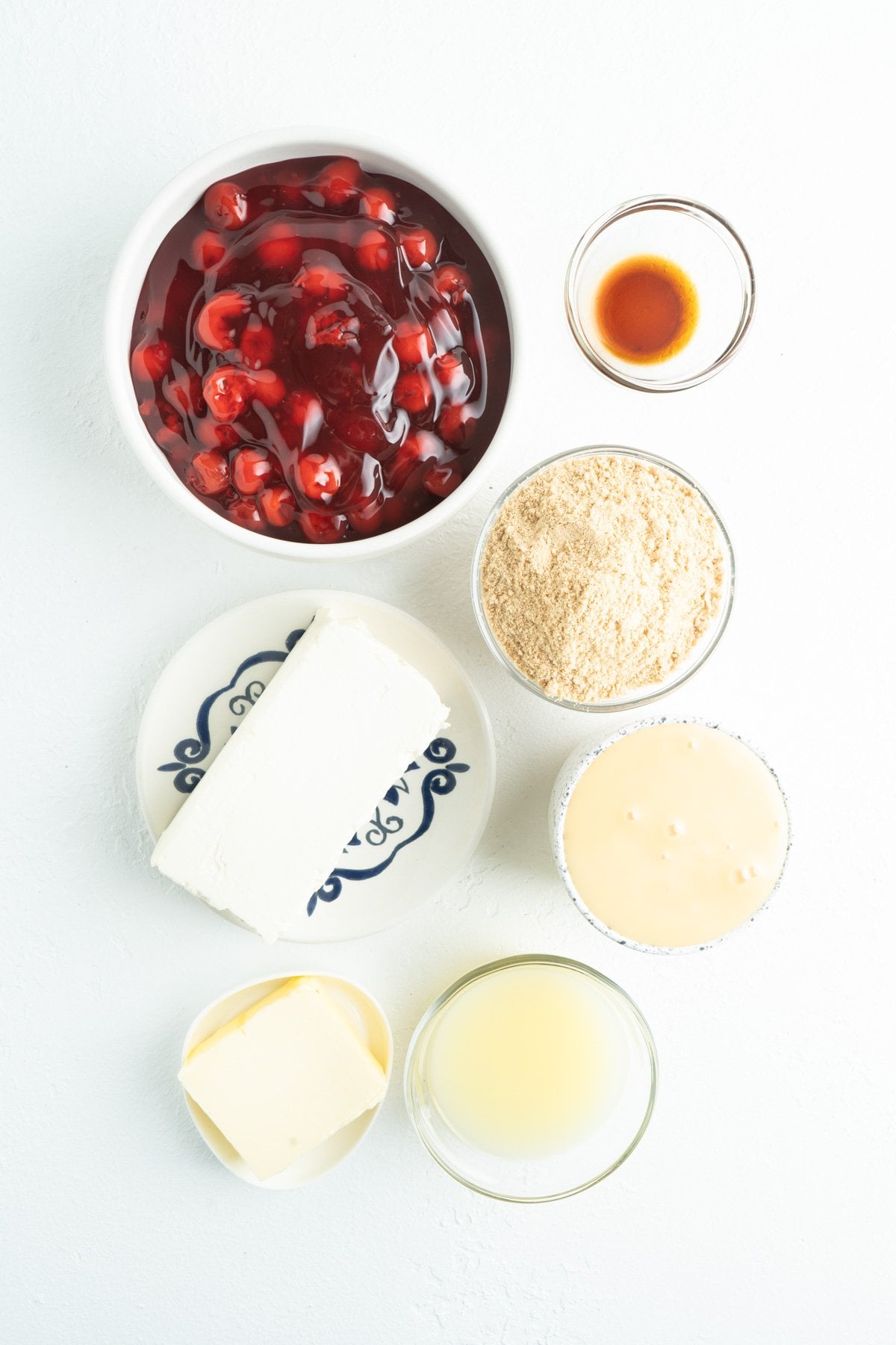 Ingredients for a no-bake cherry cheesecake.