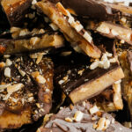 An almond butter toffee close up shot.