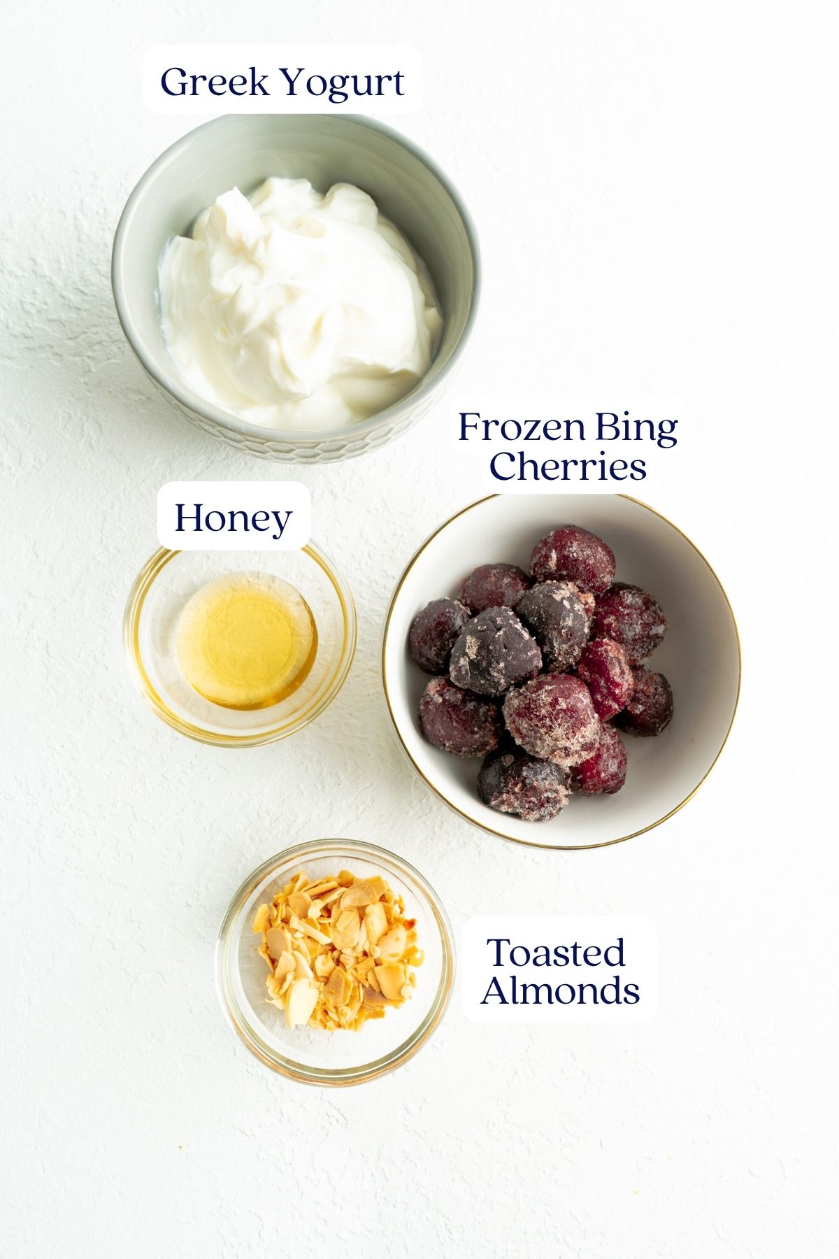 Ingredients for a warm yogurt parfait recipe with cherries.