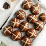 A chocolate easter bun recipe on a baking sheet.