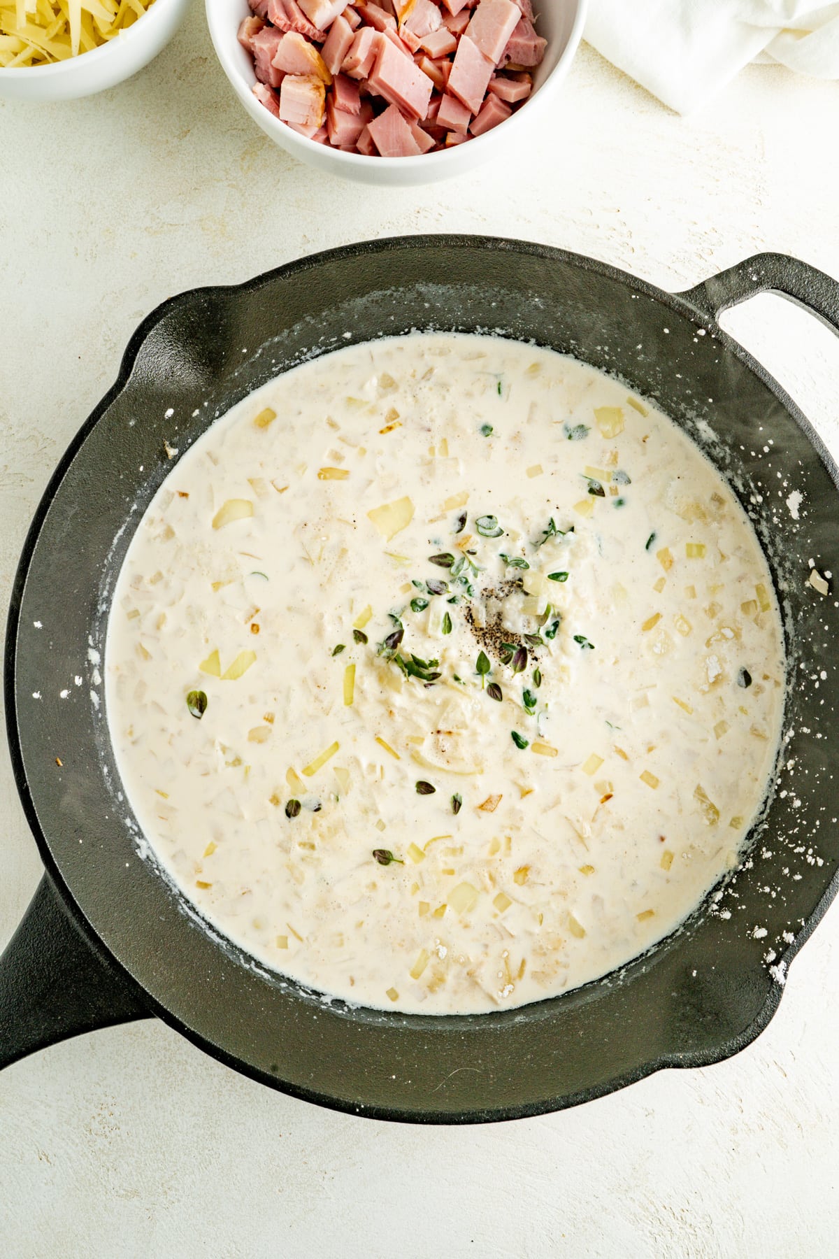 Creamy filling for an easy scalloped potatoes and ham recipe.