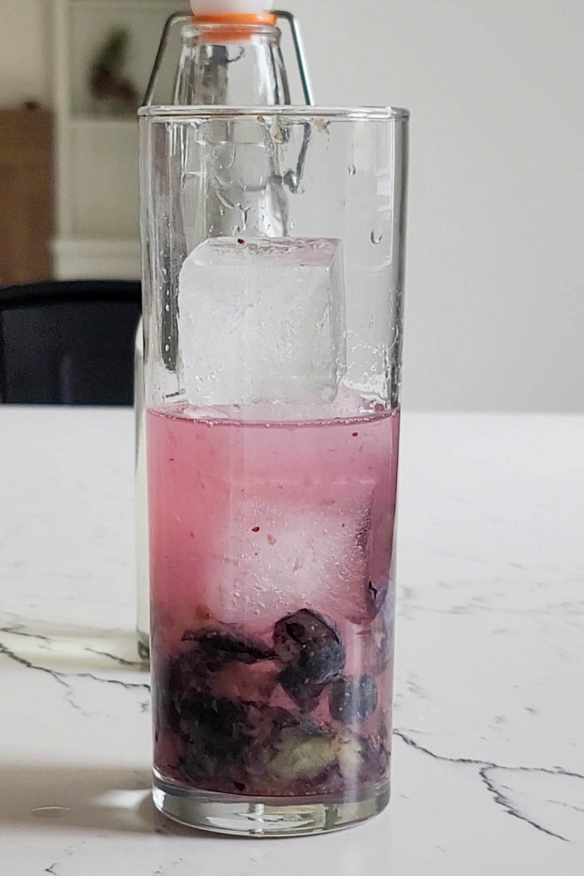 Fresh blueberries, vodka, and ice cubes in a glass