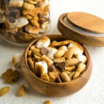 A wood bowl of smores trail mix.