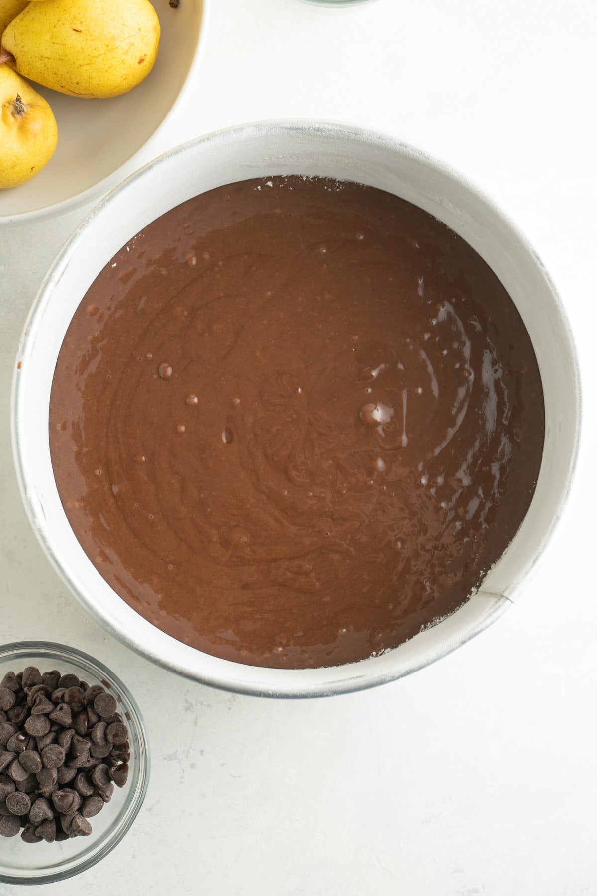 Chocolate cake batter in a pan