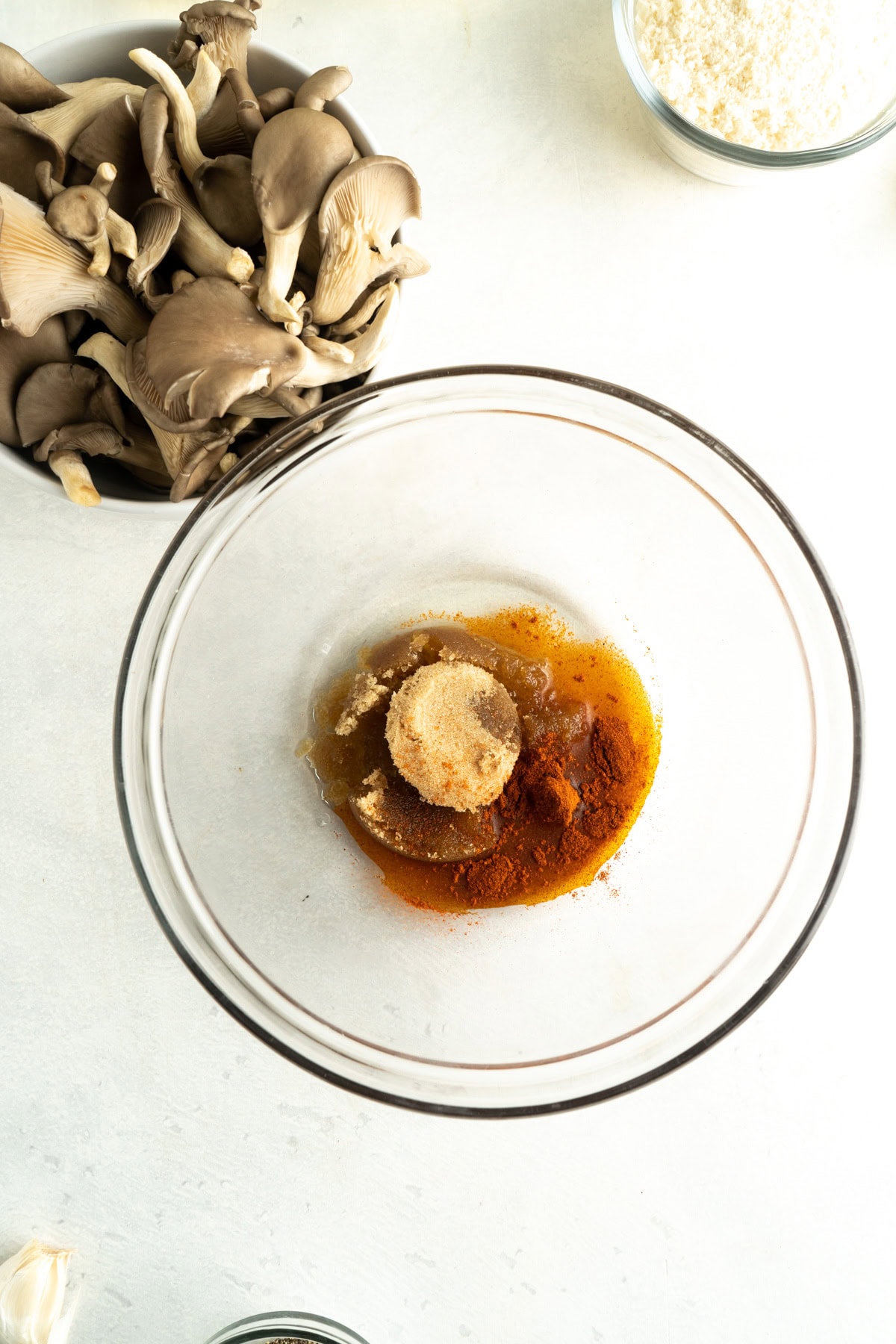 Ingredients in a bowl for a mushroom marinade.