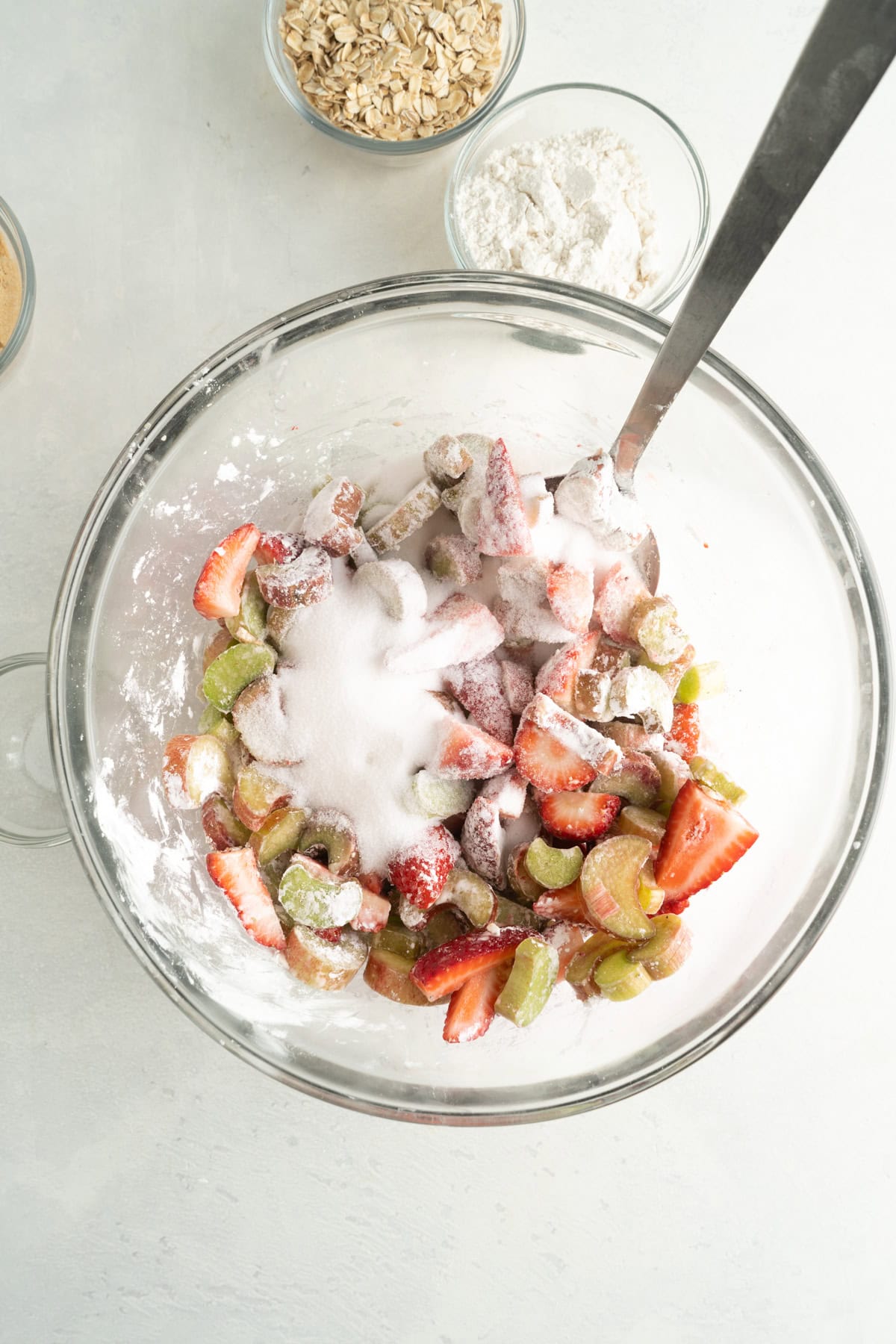 The filling for an easy strawberry rhubarb pie in a bowl.