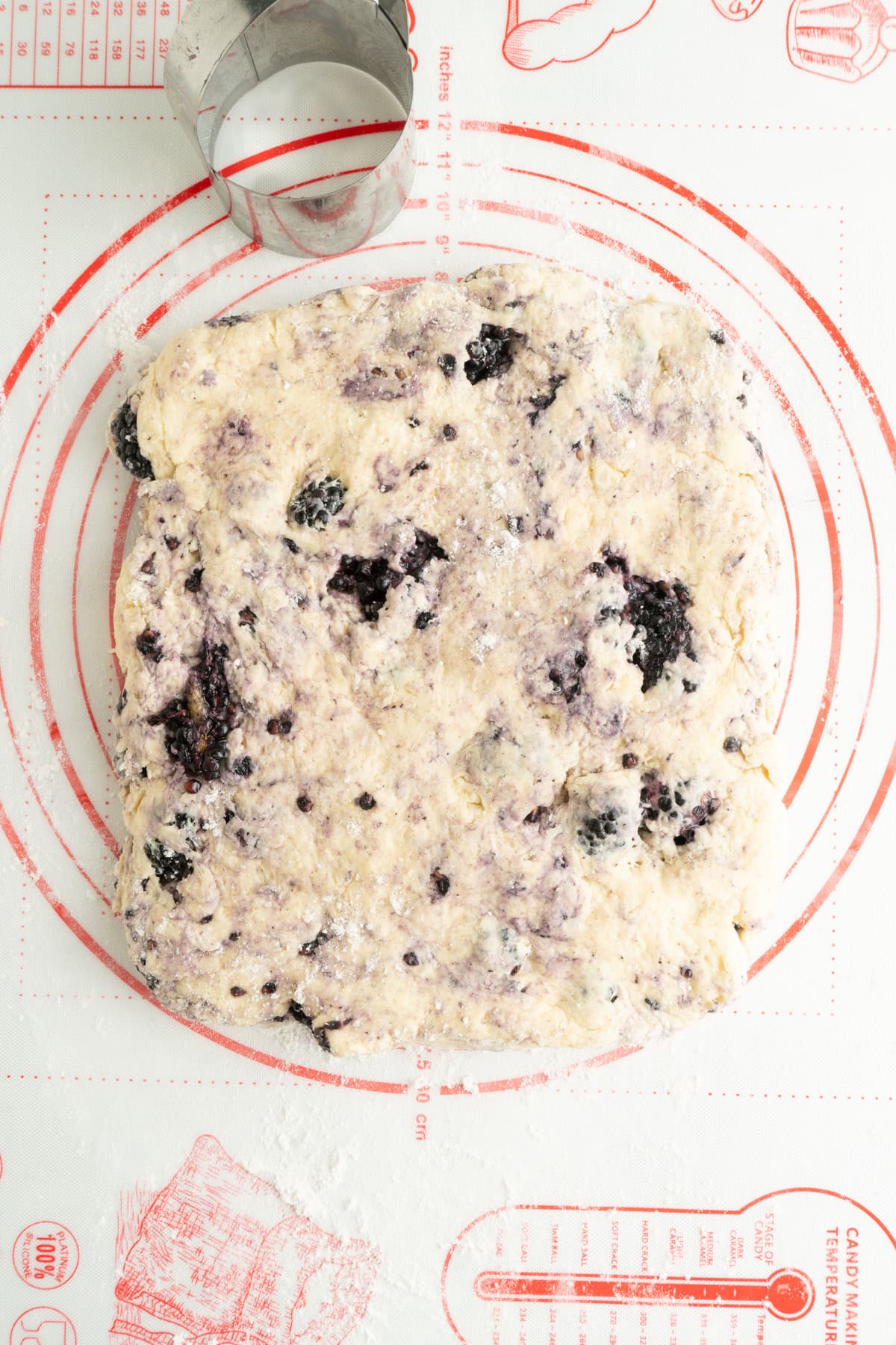 A buttermilk scones recipe made with blackberries formed into a rectangle before being cut into circles.