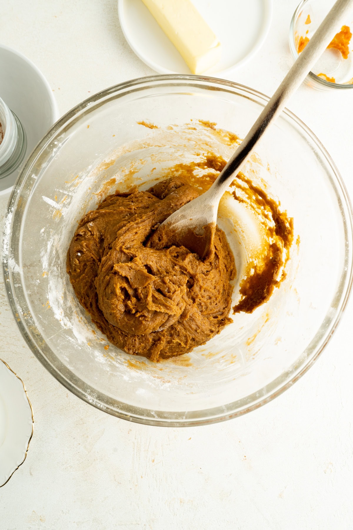 The batter in a bowl for an easy pumpkin cookie recipe.