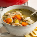 Close up of a chicken soup recipe in a bowl.