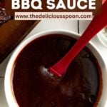 Pinterest Pin showing a bowl of a memphis-style bbq sauce and ribs.