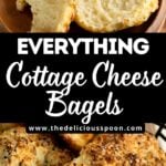 Pinterest pin showing cottage cheese bagels with one cut in half.