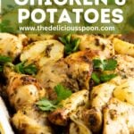 Pinterest pin showing a pan of roasted chicken and potatoes.