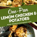 Pinterest pin showing a pan and plate of roasted lemon chicken and potatoes.