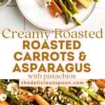 Pinterest pin showing roasted carrots and asparagus with cheese.