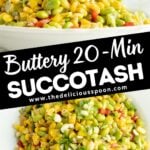 Pinterest pin for a corn succotash recipe.