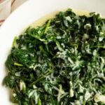 Pinterest pin showing a bowl of creamed spinach.