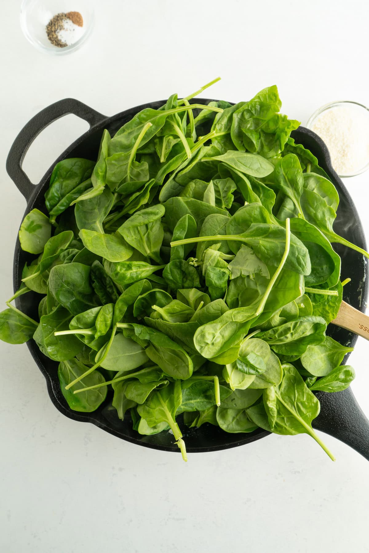 A pan full of baby spinach.